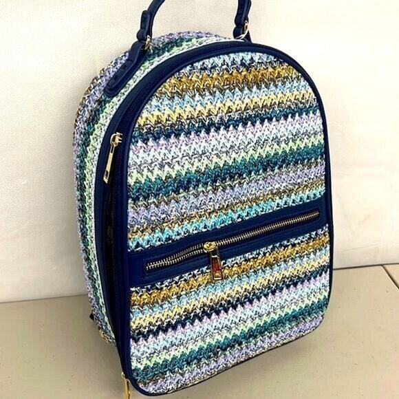 NEW NWT TOMMY BAHAMA Straw-Striped Backpack MULTI COLOR blue purple mint boho - Picture 1 of 8